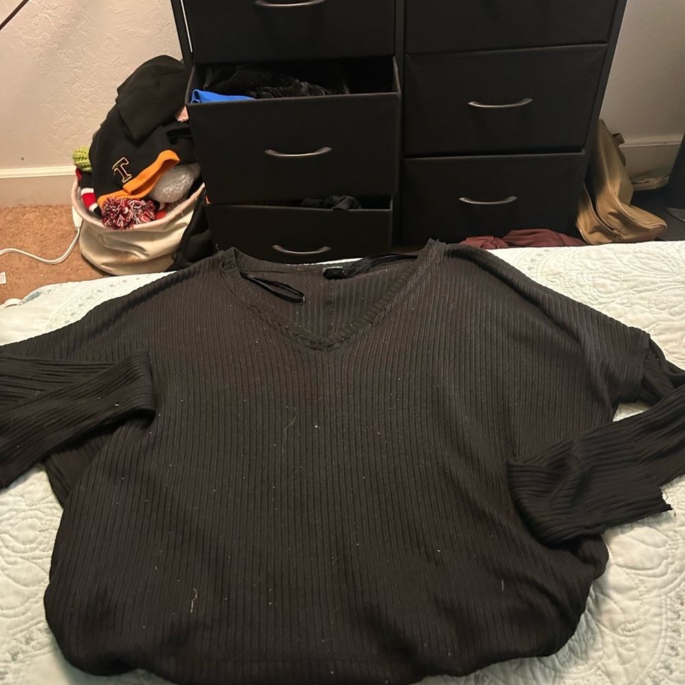 Black Ribbed V-Neck Sweater